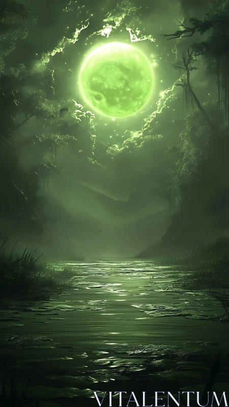 Emerald moonlit swamp under spectral forest canopy.