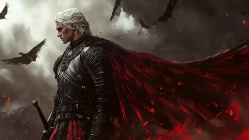 Digital painting of armored silver-haired warrior in stormscape.