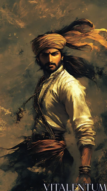 Storm-tossed desert warrior strides through swirling amber dusk.