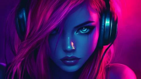 Neon-bathed cyber DJ portrait with high-contrast chromatic lighting.