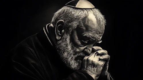 High contrast digital portrait of elderly man in contemplative prayer
