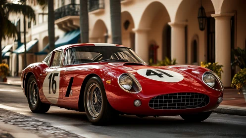 Vintage red race car gleams along a sunlit city street.
