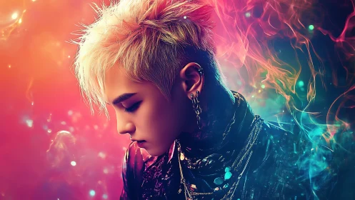 Neon-lit cyberpunk portrait in iridescent gradient vaporwave style.