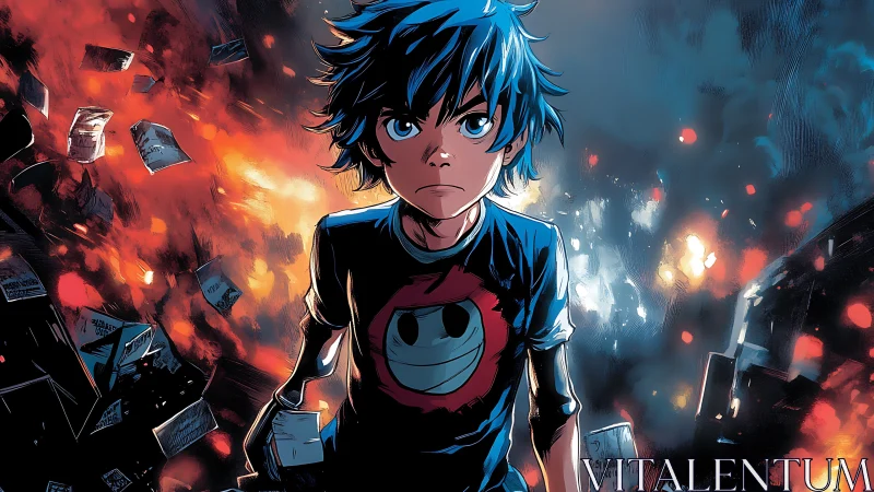Rebel blue‑haired kid stalking through comic book firestorm.