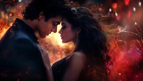 Intimate Couple Portrait with Volumetric Fire Effects and Bokeh Lighting