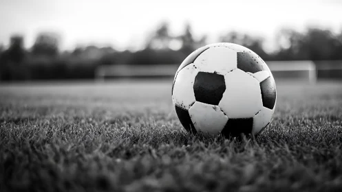 Quiet soccer ball rests on dewy grass before the match