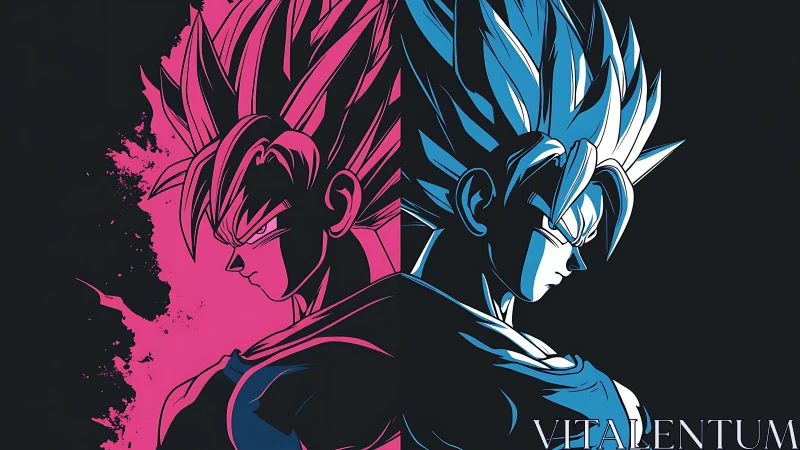 Dual neon silhouettes of spiky haired anime warriors.