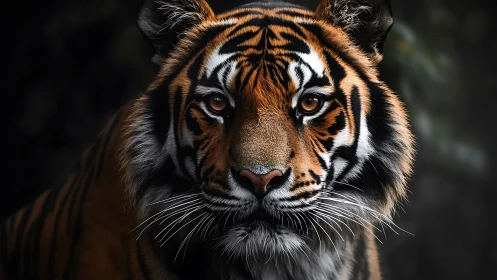 Intense tiger portrait with dramatic low key lighting focus.