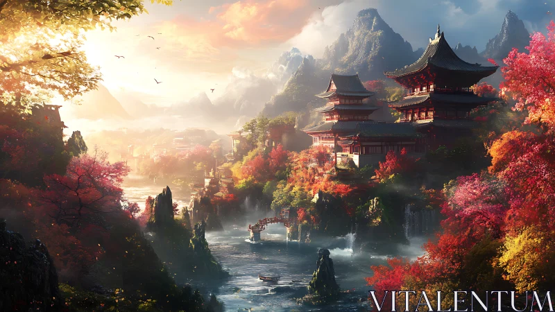 Autumnal mountain temple complex above misted river valley.