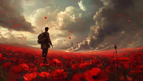 Lone wanderer crossing a blazing red poppy war horizon.