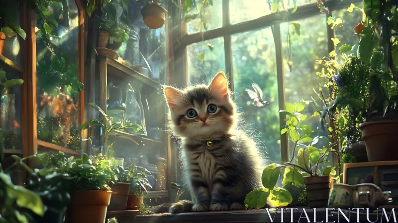 Kitten Amid Verdant Windowsill Garden Under Golden Afternoon Light