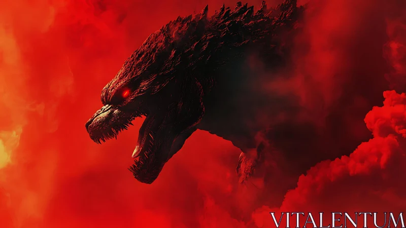 Volumetric-lit kaiju head silhouette emerging through dense red fog