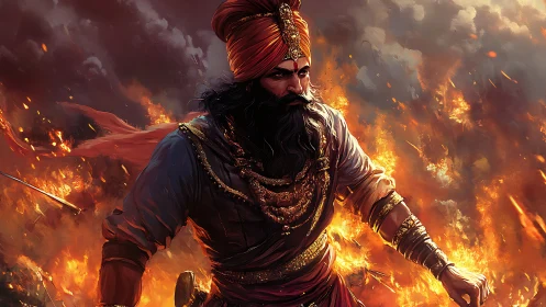 Fire-wreathed Sikh warrior strides through an infernal battlefield