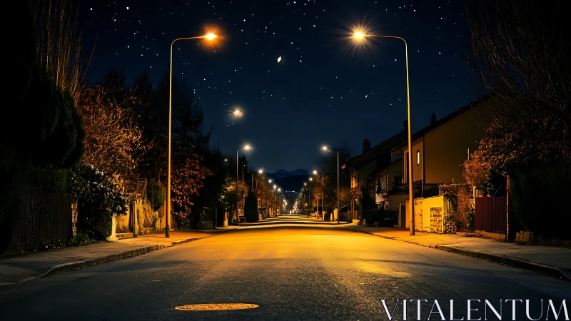 Photorealistic nocturne of a lamplit suburban avenue in symmetry.