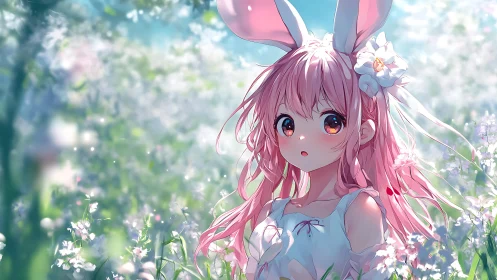 Anime bunny-girl portrait in luminous floral meadow setting.