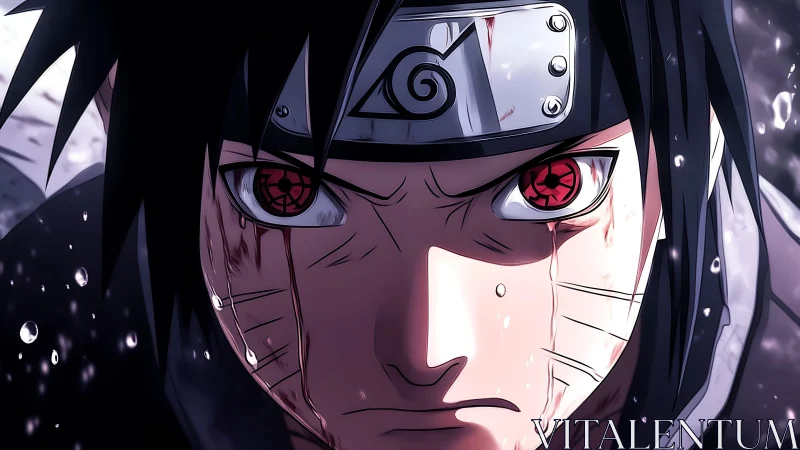 Intense anime warrior closeup with glowing red eyes.