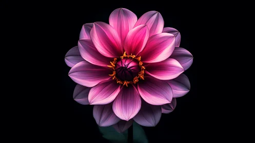 Pink Dahlia with Golden Stamens Against Black Background.