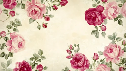 Pink and red painted roses frame empty beige background
