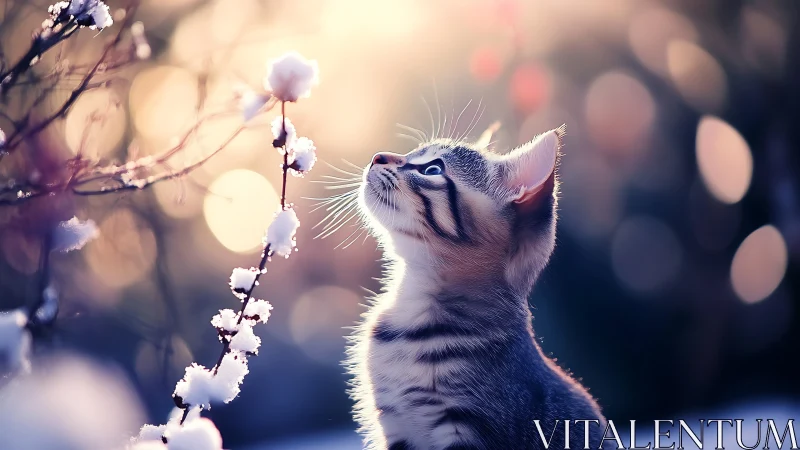 Kitten Gazes Upward at Frosted Winter Branches in Soft Golden Light