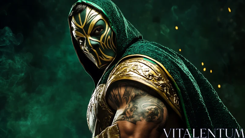 Emerald masked warrior turning toward a hidden destiny.