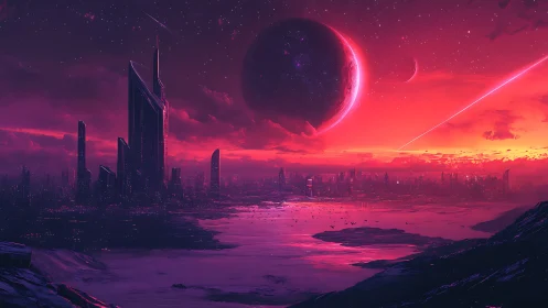 Neon exoplanet skyline with monolithic spires, wide vista framing.