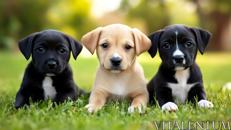 Triadic puppy portrait under shallow-depth outdoor optics.