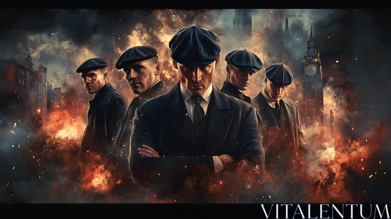 Gritty suited gang lineup in burning city street scene.