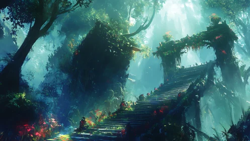 Luminous Ruin-Path: Where Forgotten Temples Breathe Turquoise Radiance.