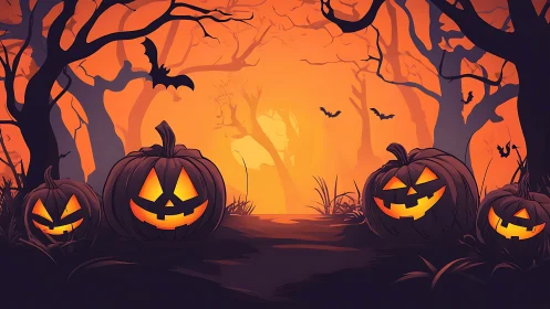 Glowing jack o lanterns light eerie Halloween forest path