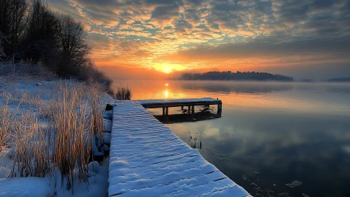Photorealistic winter lakeside jetty at luminous sunrise.