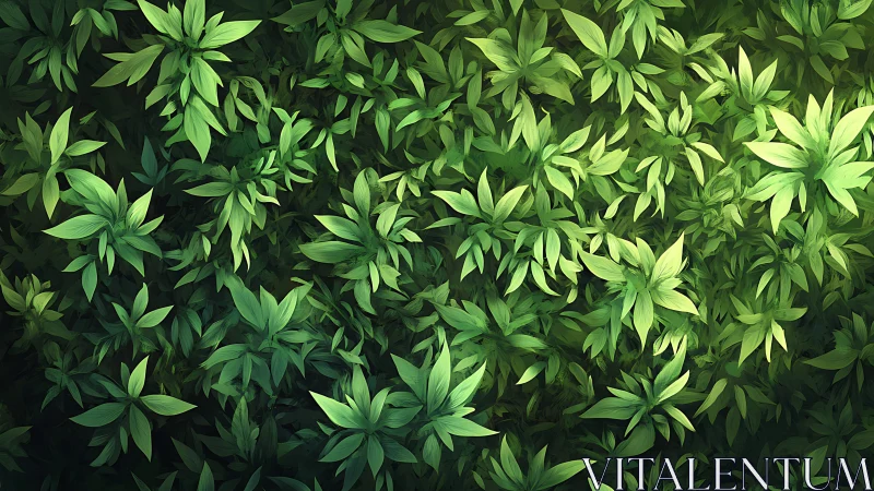 Dense digital foliage background with layered green leaves.