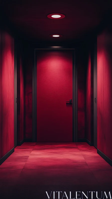 Crimson hallway doorway inviting quiet, mysterious stories.