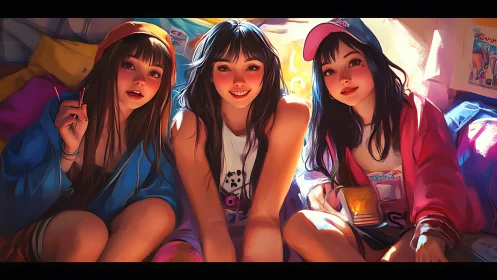 Neon-lit slumber party portrait renders three girls in vivid hues
