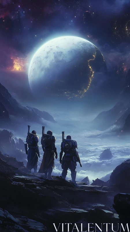 Armored explorers survey luminous exoplanet horizon at dusk