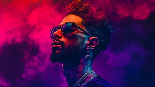 Neon backlit portrait of stylish man in smoke gradients.