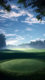 Morning mist over sculpted golf fairway and tee complex.