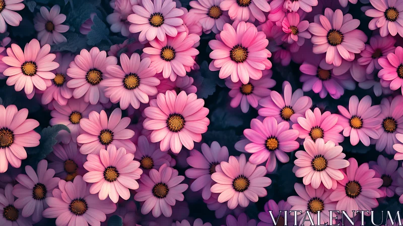 Pink Daisies Dense Cluster Against Dark Teal Background