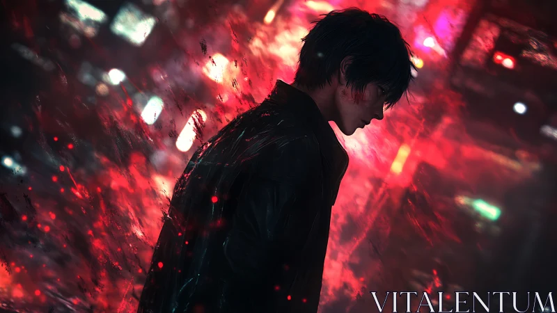 Cyberpunk youth in red neon haze, cinematic side profile study