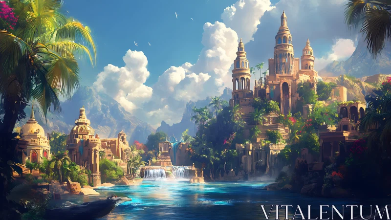 Sunlit riverside citadel where waterfalls guard dreams.