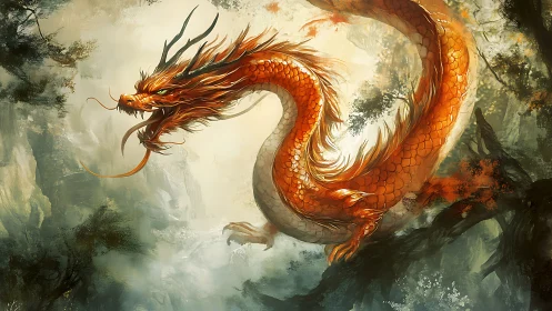 Coiled oriental dragon arcs through misted forest gorge