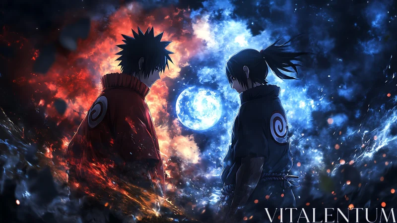 Twin warriors pause in a storm of fire, moonlight and shadow