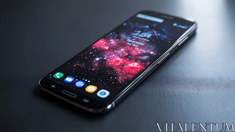 Smartphone with Cosmic Pink Wallpaper on Gray Surface.