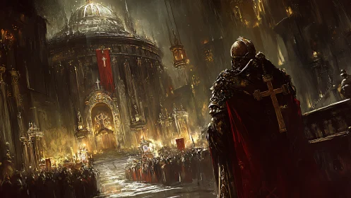 Golden cathedral march under a lone armored guardian.