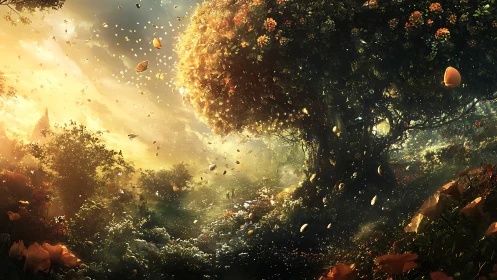 Enchanted golden tree glowing over sunlit fantasy garden.