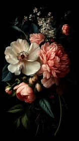 Baroque Floral Still Life: White Anemone, Coral Peonies, and Botanical Specimens