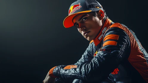 Motorsport driver portrait uses directional lighting on dark backdrop