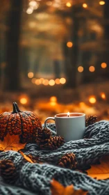 Autumn candle glow beside textured pumpkin and pinecones.