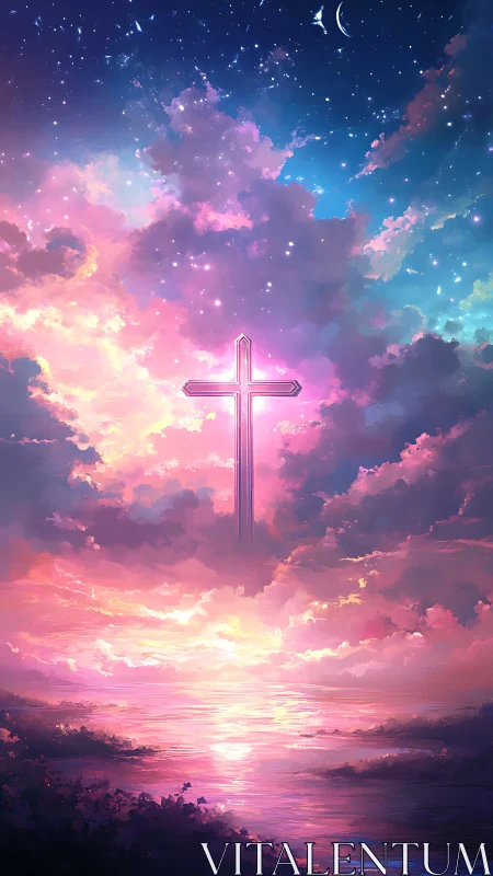 Radiant cross glowing softly in a dreamlike sunset sky.