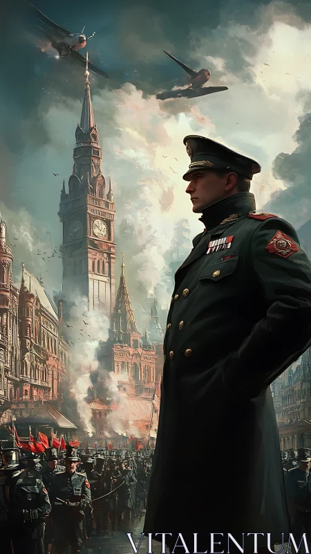 Officer dominating wartime parade amid stormy skyline.