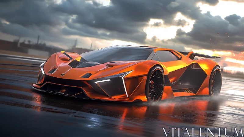 Stormlit hypercar ignites wet asphalt in molten-orange armor.